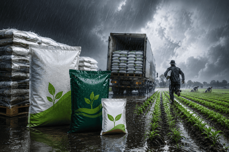 Stacked flat bottom pouches for seed and fertilizer packaging ready for monsoon dispatch